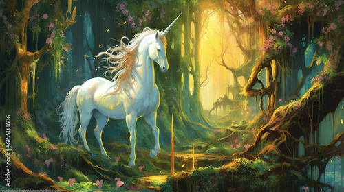 Illustration of the mythical creature the unicorn in fairy forest © Keitma