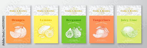 Fruits and Berries Pattern Label Templates Set. Vector Packaging Design Layout Collection. Modern Typography Banner with Hand Drawn Orange, Lime, Lemon and Bergamot Sketches Background Isolated