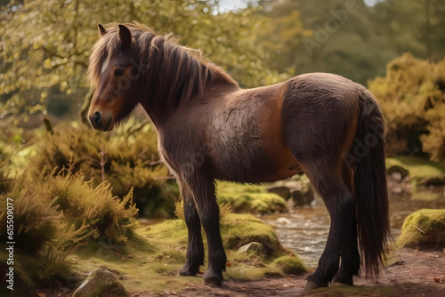 Exmoor pony - United Kingdom - Exmoor ponies are native to the moorlands of Exmoor in England  known for their hardiness  agility  and primitive appearance  Generative AI 