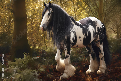 Gypsy Cob - United Kingdom - Gypsy Cobs, also known as Gypsy Vanners, are horses known for their feathered feet, abundant mane and tail, and docile nature (Generative AI) photo