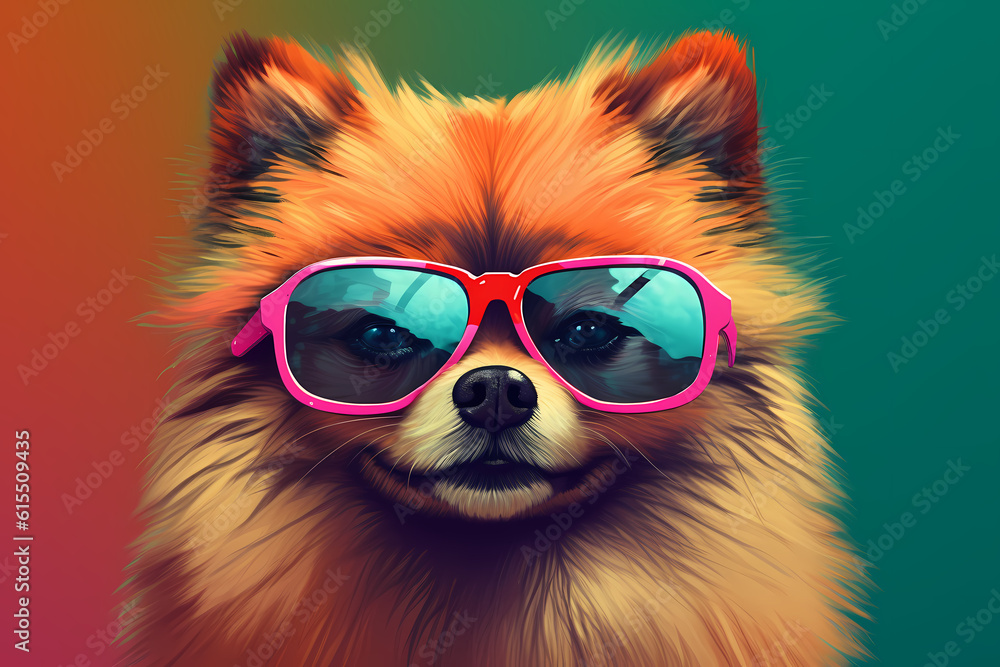Cute Pomeranian wearing Sunglasses, Colorful Background, AI-Generated Image	