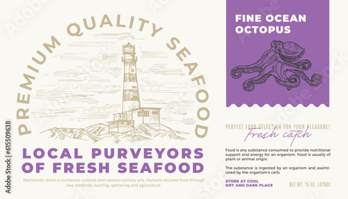 Fine Ocean Seafood Product Abstract Vector Packaging Label Design. Modern Typography and Hand Drawn Octopus Sketch Silhouette with Sea Lighthouse Background Layout