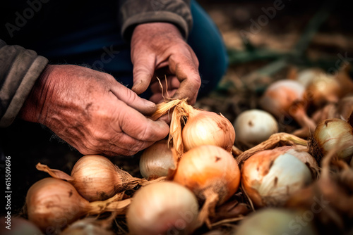 Generative AI illustration of crop anonymous male farmer sorting harvest of onion while sitting on ground photo