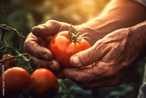 Generative AI illustration of crop unrecognizable male farmer picking harvest of fresh red tomatoes on plantation photo