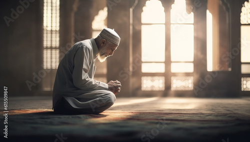 Religious muslim man praying inside the mosque, Islamic prayer, Old man on his knees praying on hte Holy month of the Ramadan