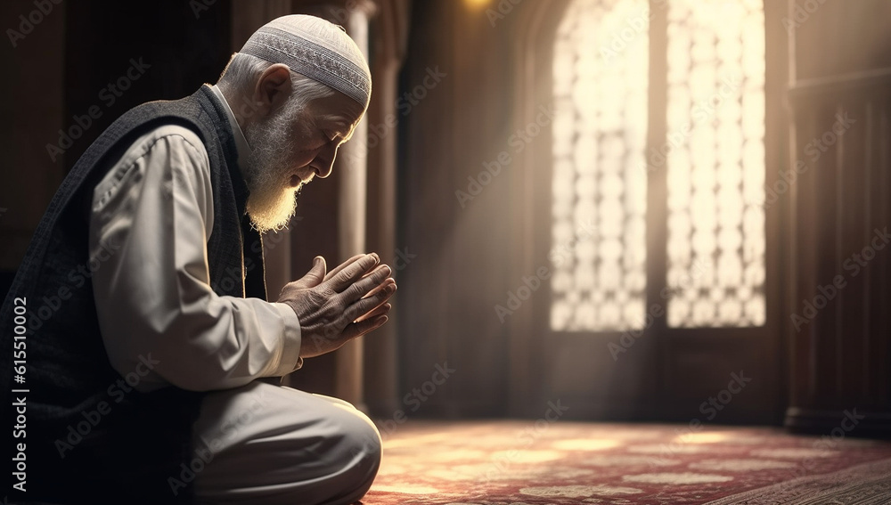 Fototapeta premium Religious muslim man praying inside the mosque, Islamic prayer, Old man on his knees praying on hte Holy month of the Ramadan