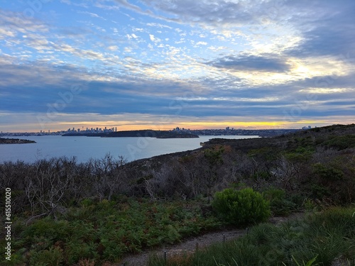 Sydney downtown visible on the horizon from the Burragula Lookout in Manly  Sydney  Australia