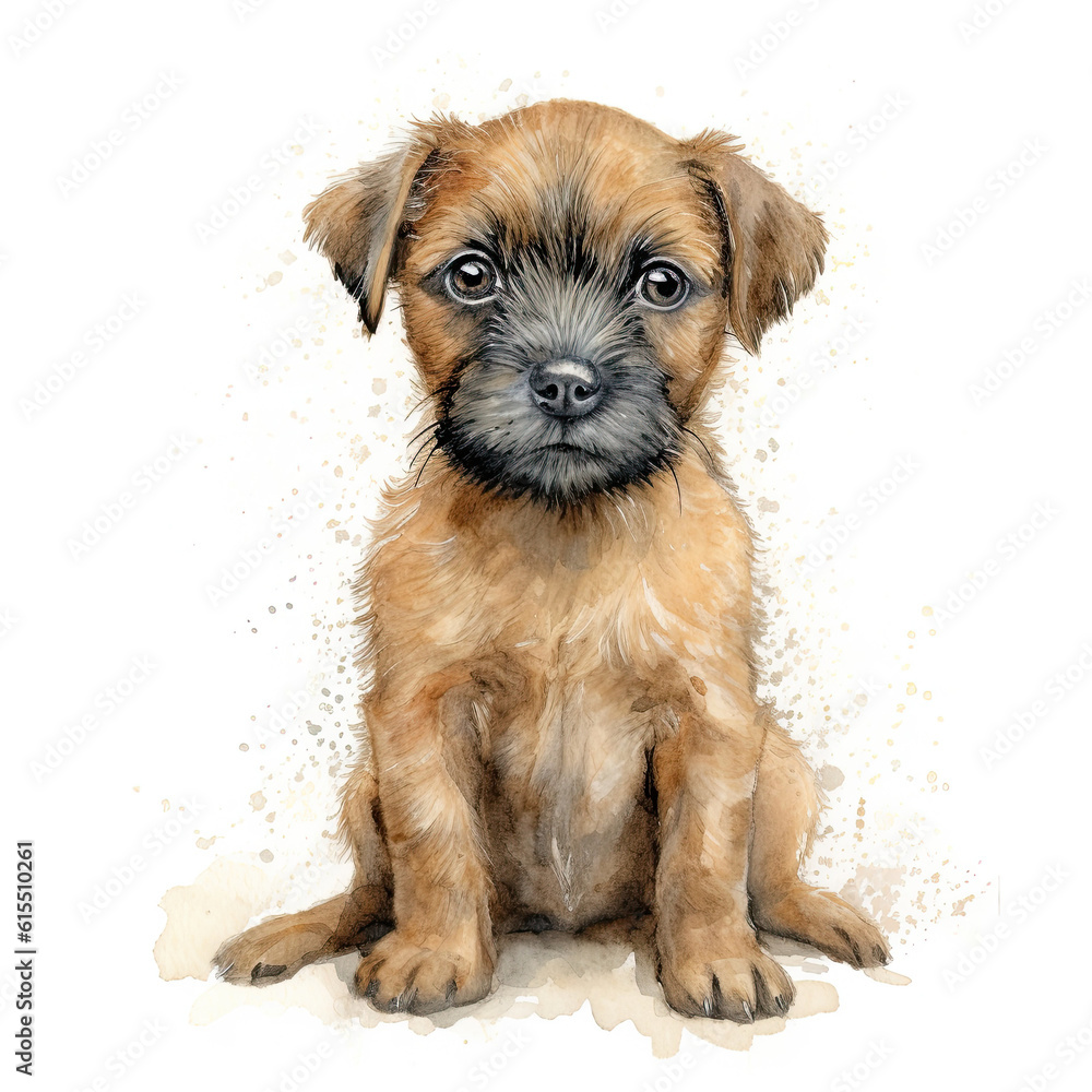 Border terrier puppy. Stylized watercolour digital illustration of a cute dog with big brown eyes. - obrazy, fototapety, plakaty 