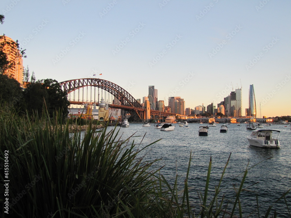 View on the Sydney downtown and the Harbour Bridge from the Lavender Bay in Sydney, Australia