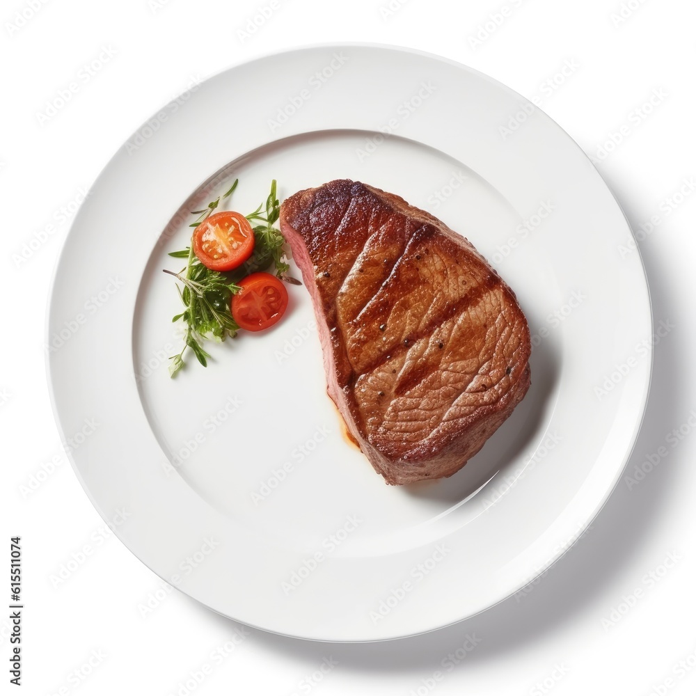 Top view of grilled steak with vegetables on a white plate Top view of grilled steak with vegetables on a white plate