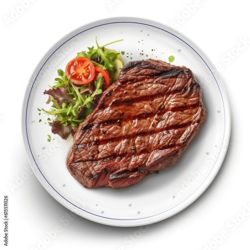 Top view of grilled steak with vegetables on a white plate