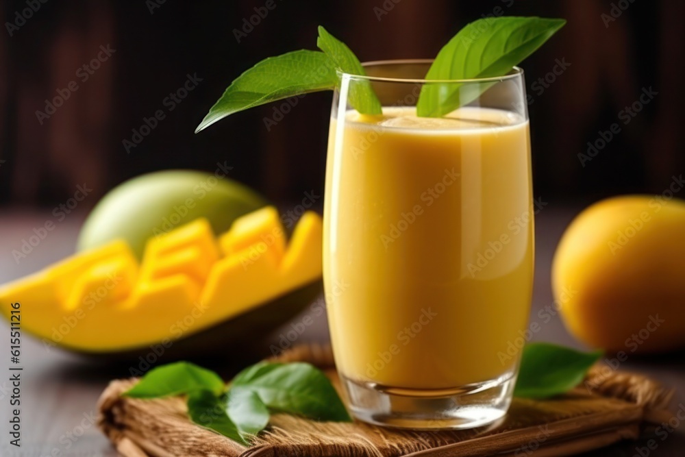 Indian mango cocktail lassi with honey for breakfast, healthy food concept, generative AI content. Indian mango cocktail lassi with honey for breakfast, healthy food concept, generative AI content.