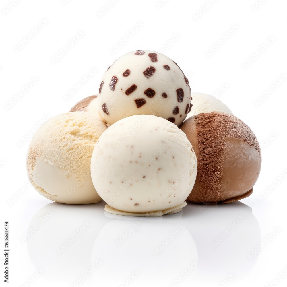 Scoops of colorful and creamy ice cream on a white background Scoops of colorful and creamy ice cream on a white background