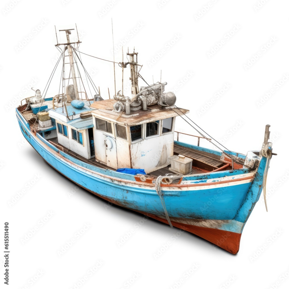 Old blue and white fishing boat with equipment on a white background Old blue and white fishing boat with equipment on a white background