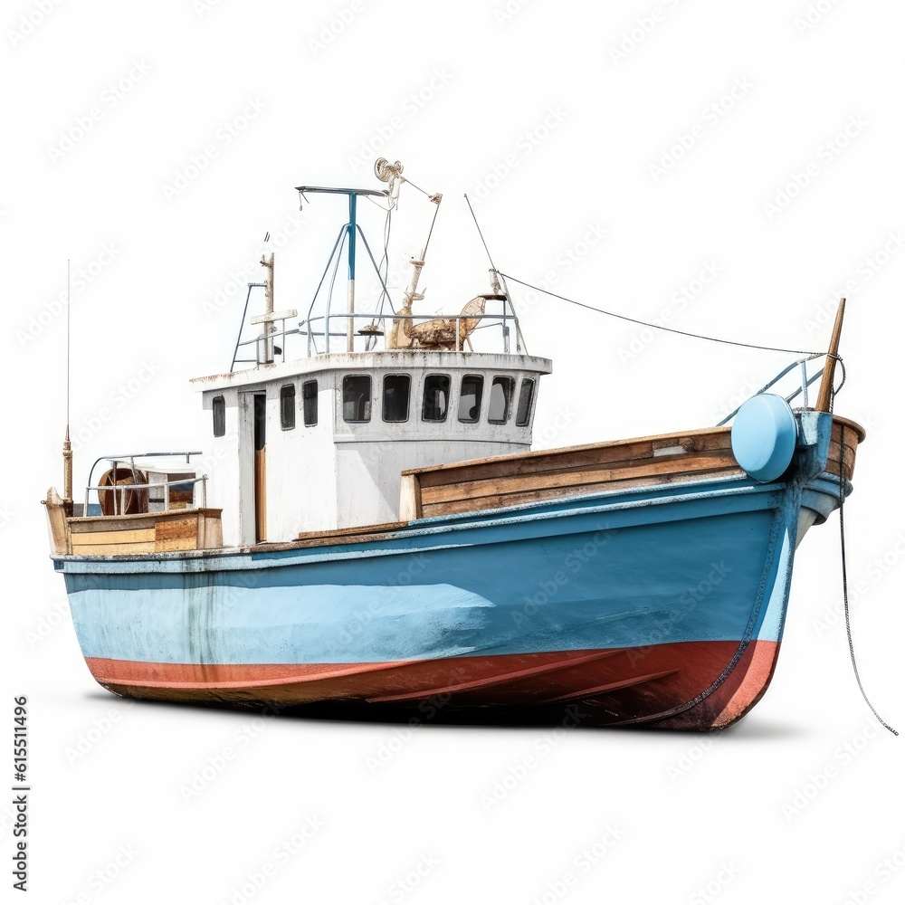 Old blue and white fishing boat with equipment on a white background
