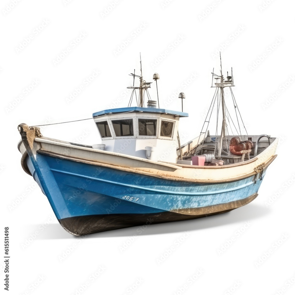 Old blue and white fishing boat with equipment on a white background Old blue and white fishing boat with equipment on a white background
