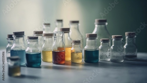 Various bottles for pharmaceutical and medical products and drug and drug research laboratory designs. Generative AI.