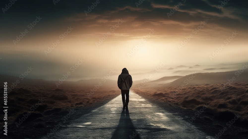 A man in a balaclava, walking towards the horizon at sunset. Generative AI.