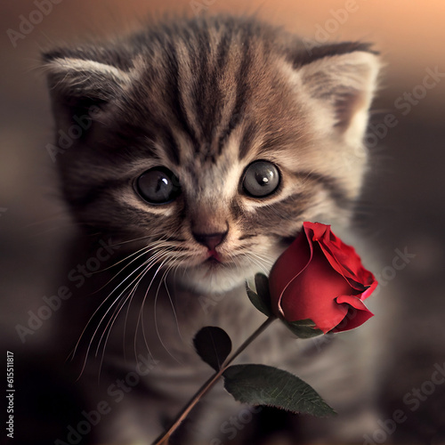 Portrait of a small kitten with a red rose flower, close-up. Generative AI photo