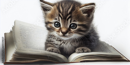 Little kitten on the pages of an open book, close-up. Generative AI