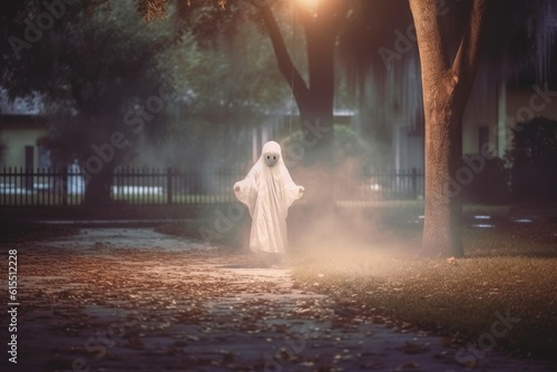 A child in a ghost costume under the moonlight. Generative AI