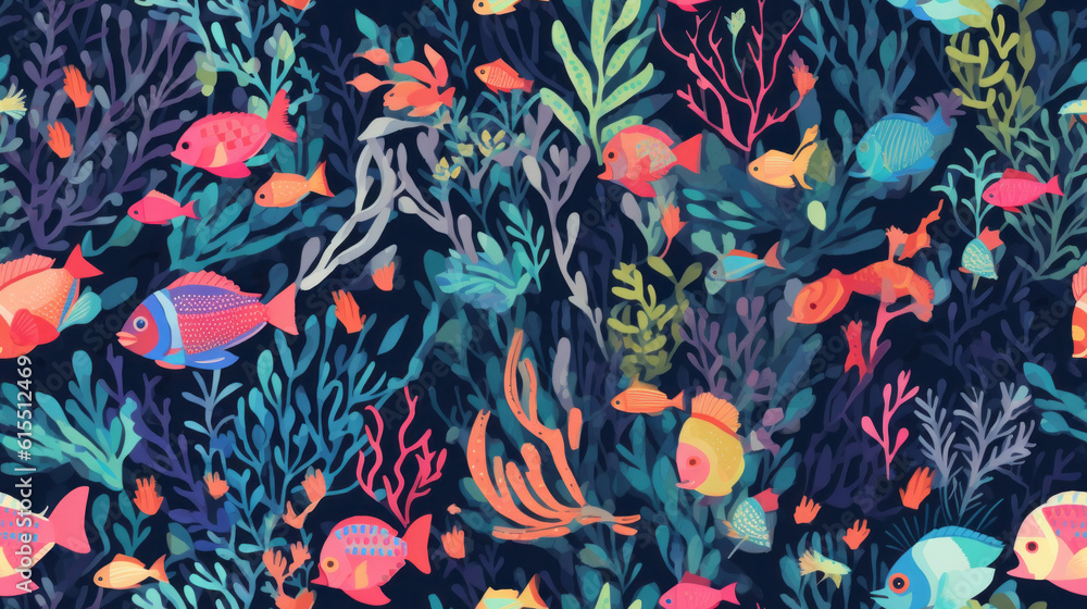 Seamless pattern background of underwater ecosystems and marine life with coral reefs and graceful sea creatures like tropical fish and sea turtle Seamless pattern background of underwater ecosystems and marine life with coral reefs and graceful sea creatures like tropical fish and sea turtle