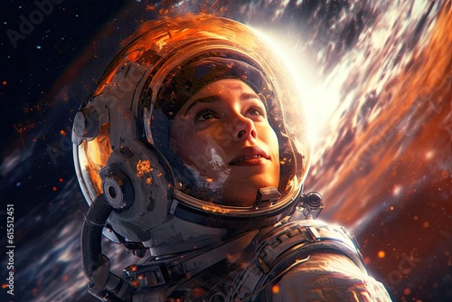 Young pretty woman astronaut exploring outer space