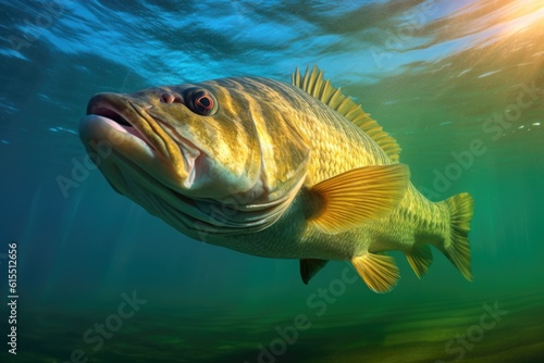 Largemouth Bass Fish Swimming Near the Surface of the Aqua-Colored Water