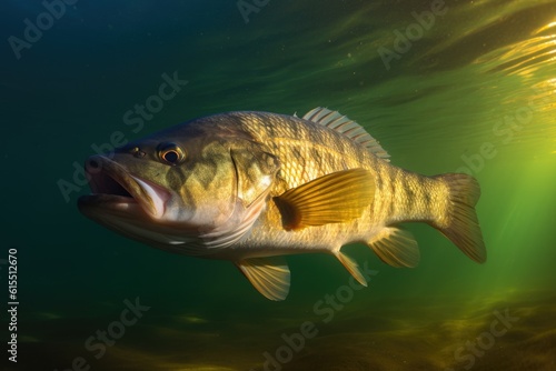 Largemouth Bass Fish Swimming Near the Surface of the Aqua-Colored Water