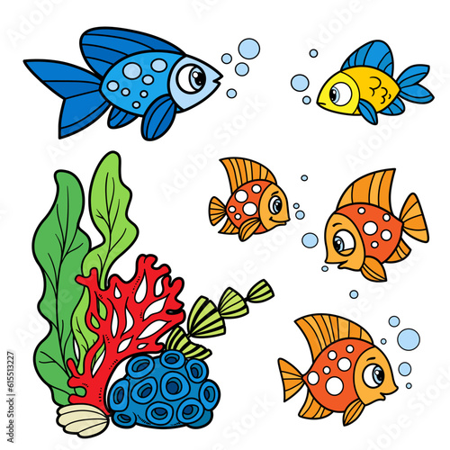 Five cartoon sea fishes color variation for coloring page isolated on white background
