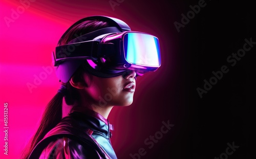 a girl wearing VR headsets against a pink background © Ecleposs