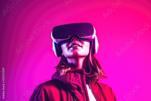 a girl wearing VR headsets against a pink background © Ecleposs