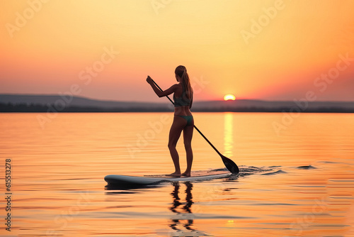 A woman doing paddle boarding at sunset. Generative AI