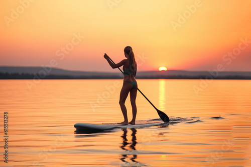 A woman doing paddle boarding at sunset. Generative AI photo