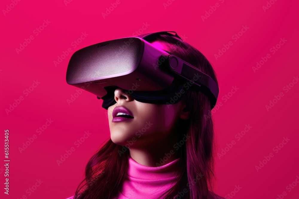 a girl wearing VR headsets against a pink background a girl wearing VR headsets against a pink background