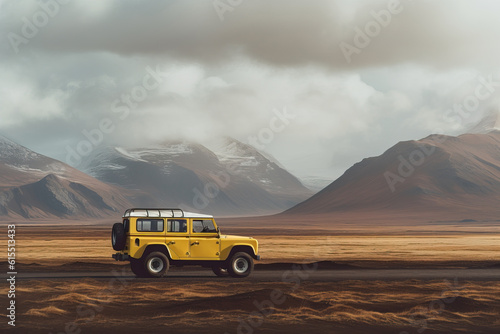 An off-road car in an Icelandic landscape. Generative AI photo