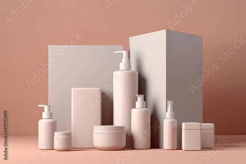 Wallpaper Mural Monochrome cosmetic set on a pastel background. Cosmetic items. Generated by AI. Torontodigital.ca
