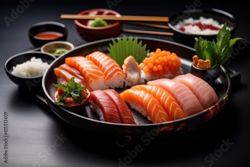 Traditional Japanese dish sashimi on a dark background. Generated by AI.