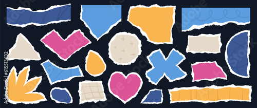 Collage with rip paper elements set  in different shapes, colours and textures hand drawn vector illustration.