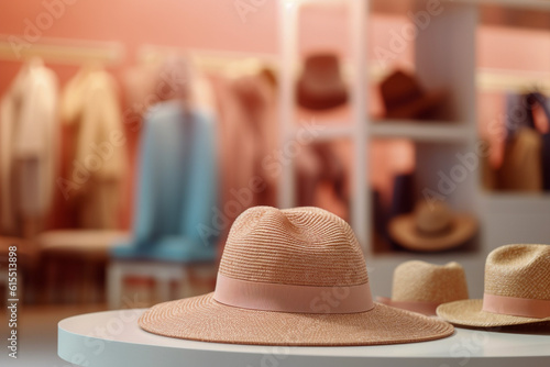 Winter woman`s hat on the table in the clothing store. Super photo realistic background. Generative ai illustration