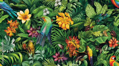 Seamless pattern background influenced by the organic forms and vibrant colors of tropical rainforests with colourful birds and flowers
