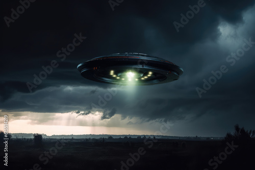 a ufo with bright lights in a dark cloudy sky, sci-fi, dramatic art, generative AI