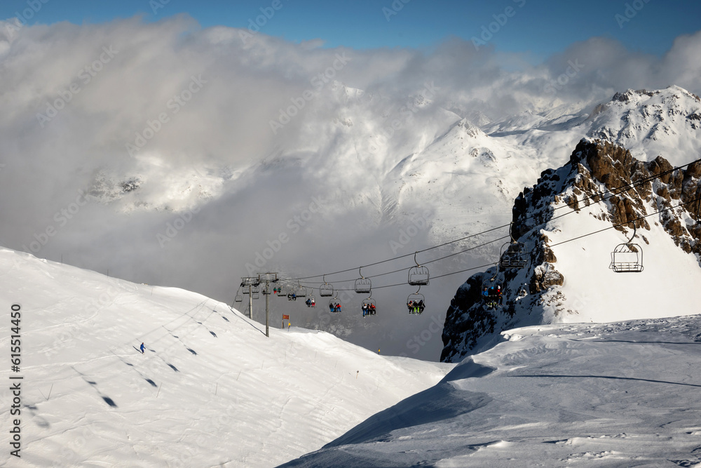 Skiing resort with a chair lift and view of mountains, Serre Chevalier, France