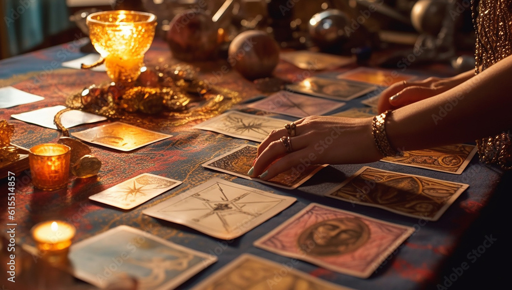 Tarot reader picking tarot cards. Fortune teller reading cards. Tarot cards face down on table near burning candles and crystal ball.Candlelight in dark.Tarot reader or Fortune teller reading and  - obrazy, fototapety, plakaty 
