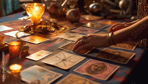 Tarot reader picking tarot cards. Fortune teller reading cards. Tarot cards face down on table near burning candles and crystal ball.Candlelight in dark.Tarot reader or Fortune teller reading and  photo