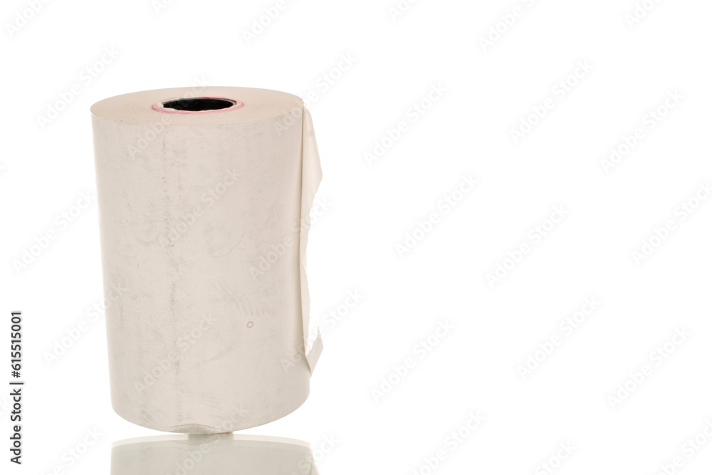 One roll of paper cash register tape, close up isolated on white background. One roll of paper cash register tape, close up isolated on white background.