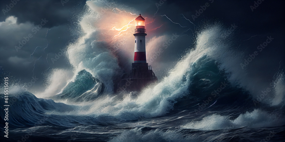 A luminous ancient sea lighthouse against the backdrop of huge waves and a raging sea during a storm. Generative AI