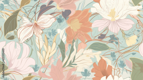 Seamless pattern background inspired by nature and botanical motifs with delicate flowers, leaves, and vines in soft pastel tones
