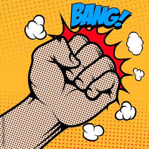 Bang. Human fist in pop art style. Design element in vector.