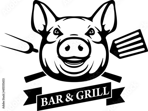 Bar and grill. Pig head with kitchen tools. Design element for restaurant menu, poster. BBQ invitation card. Vector illustration.